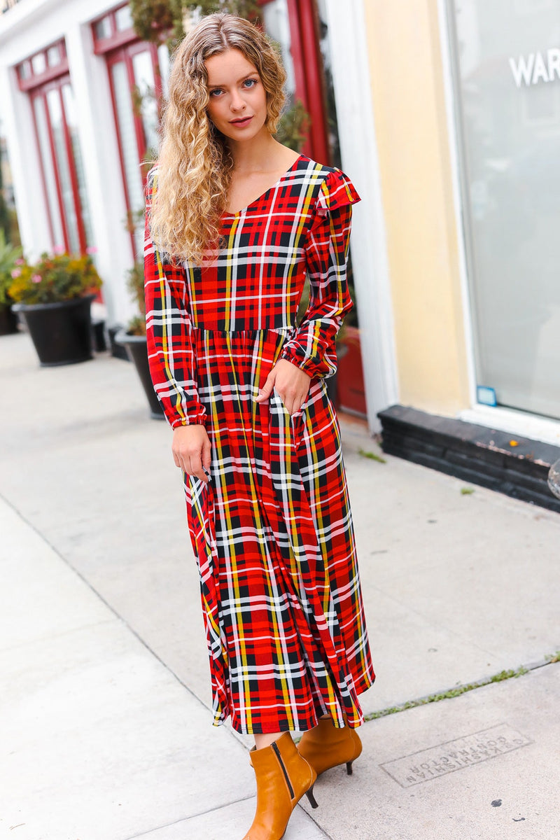 Adorable In Red Plaid Ruffle Detail Fit & Flare Midi Dress