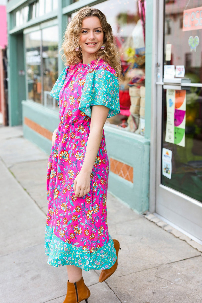 Charming Fuchsia & Mint Floral Frill Mock Neck Flutter Sleeve Midi Dress