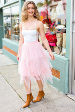 Feeling Femme' Blush Asymmetric Tiered Tulle Midi Skirt