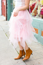 Feeling Femme' Blush Asymmetric Tiered Tulle Midi Skirt