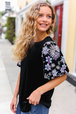 Feeling Glamorous Black Floral Sequin Puff Sleeve Velvet Top