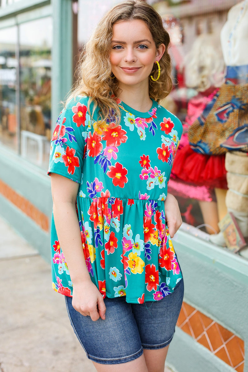 Take Me Away Teal Floral Drop Shoulder Babydoll Top