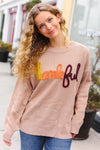 Feeling Thankful Taupe Pop Up Glittery Embroidery Sweater