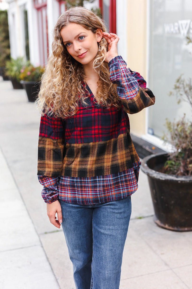 Holiday Ready Red & Mustard Plaid Notched Neck Flannel Hoodie