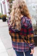 Holiday Ready Red & Mustard Plaid Notched Neck Flannel Hoodie