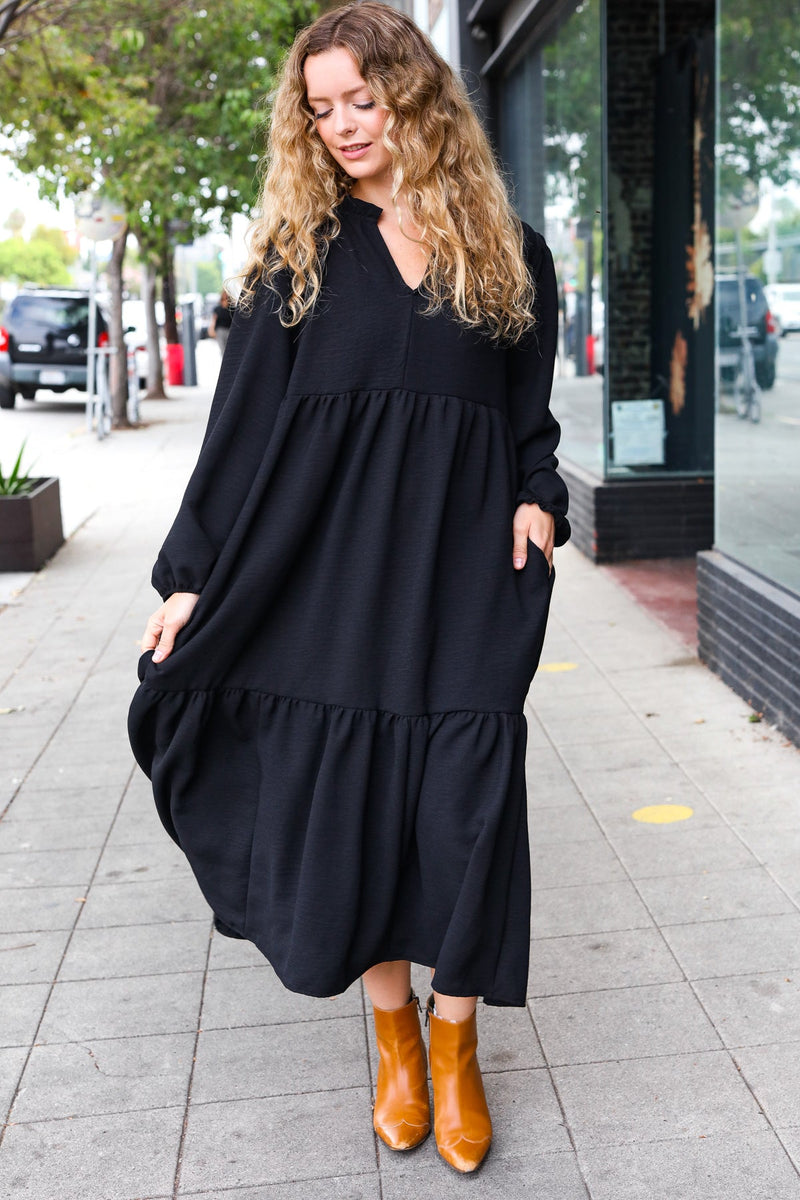 Lock Eyes Black Notched Neck Frill Hem Tiered Maxi Dress