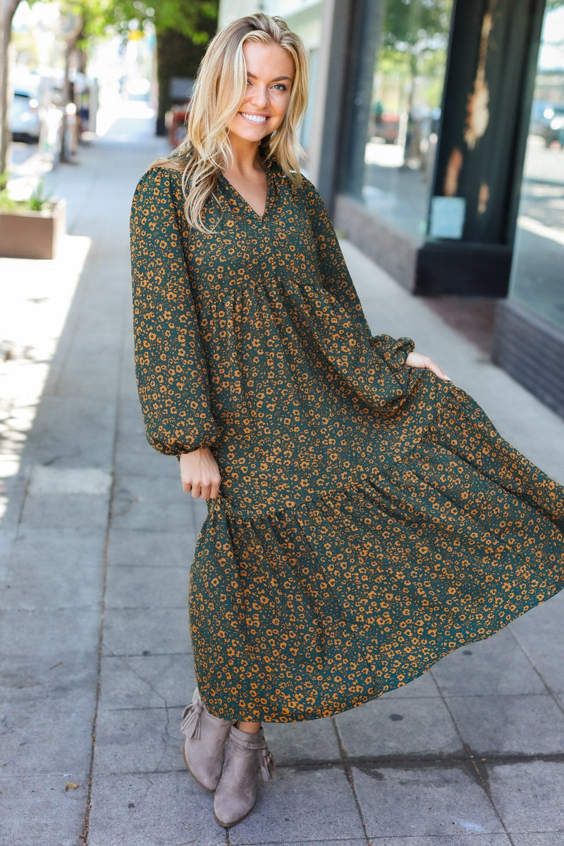 Beautiful You Hunter Green Floral Print Notched Neck Tiered Maxi Dress