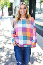 Charming Berry Plaid Checker Print Hacci Sweater Top