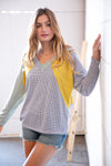 Two Tone Jacquard Thermal Color Block V Neck Top