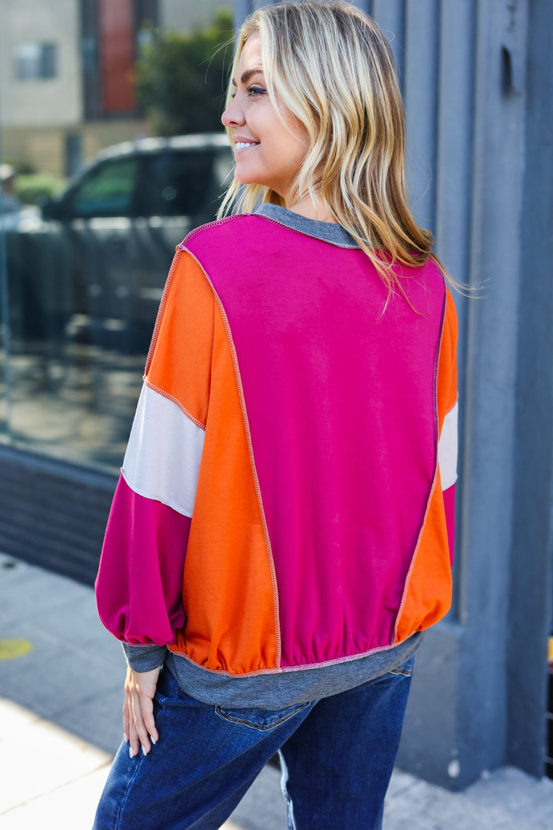 Brighten My Day Magenta Color Block Outseam Terry Top