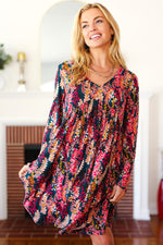 Eyes On You Hunter Green Floral Long Sleeve Babydoll V Neck Dress