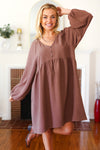 Beautiful You Mocha Woven Waffle V Neck Babydoll Dress