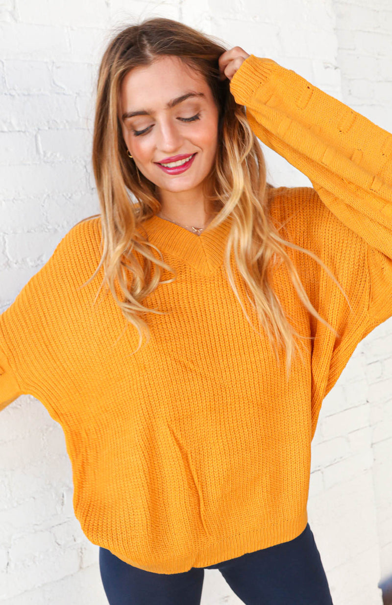 Mustard V Neck Chunky Textured Bubble Sleeve Sweater