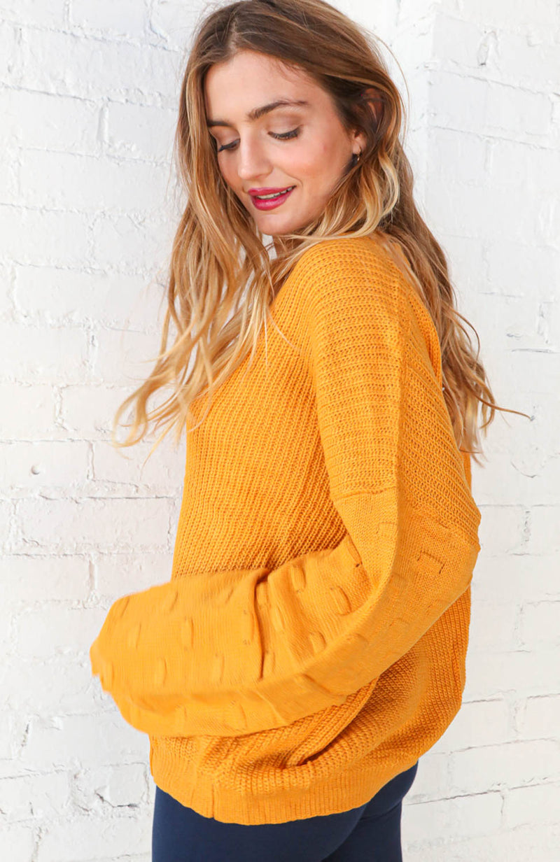 Mustard V Neck Chunky Textured Bubble Sleeve Sweater