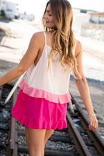 Peach/Fuchsia Ruffle Tiered Sleeveless Crepe Tank Top