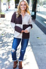 Cozy Up Brown Color Block Collared Zip Up Sweater