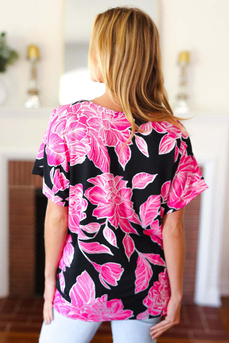 Tropical Vibes Black & Hot Pink Floral V Neck Top