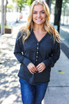 Casual Days Charcoal Henley Button Down V Neck Top