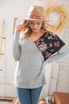 Grey & Black Floral Surplice Button Knit Top