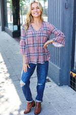 Feeling Femme Mauve Plaid V Neck Bell Sleeve Top