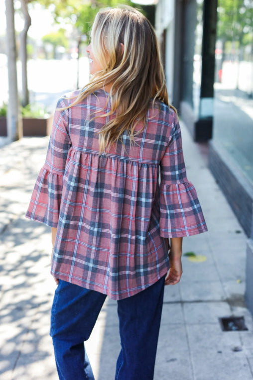 Feeling Femme Mauve Plaid V Neck Bell Sleeve Top