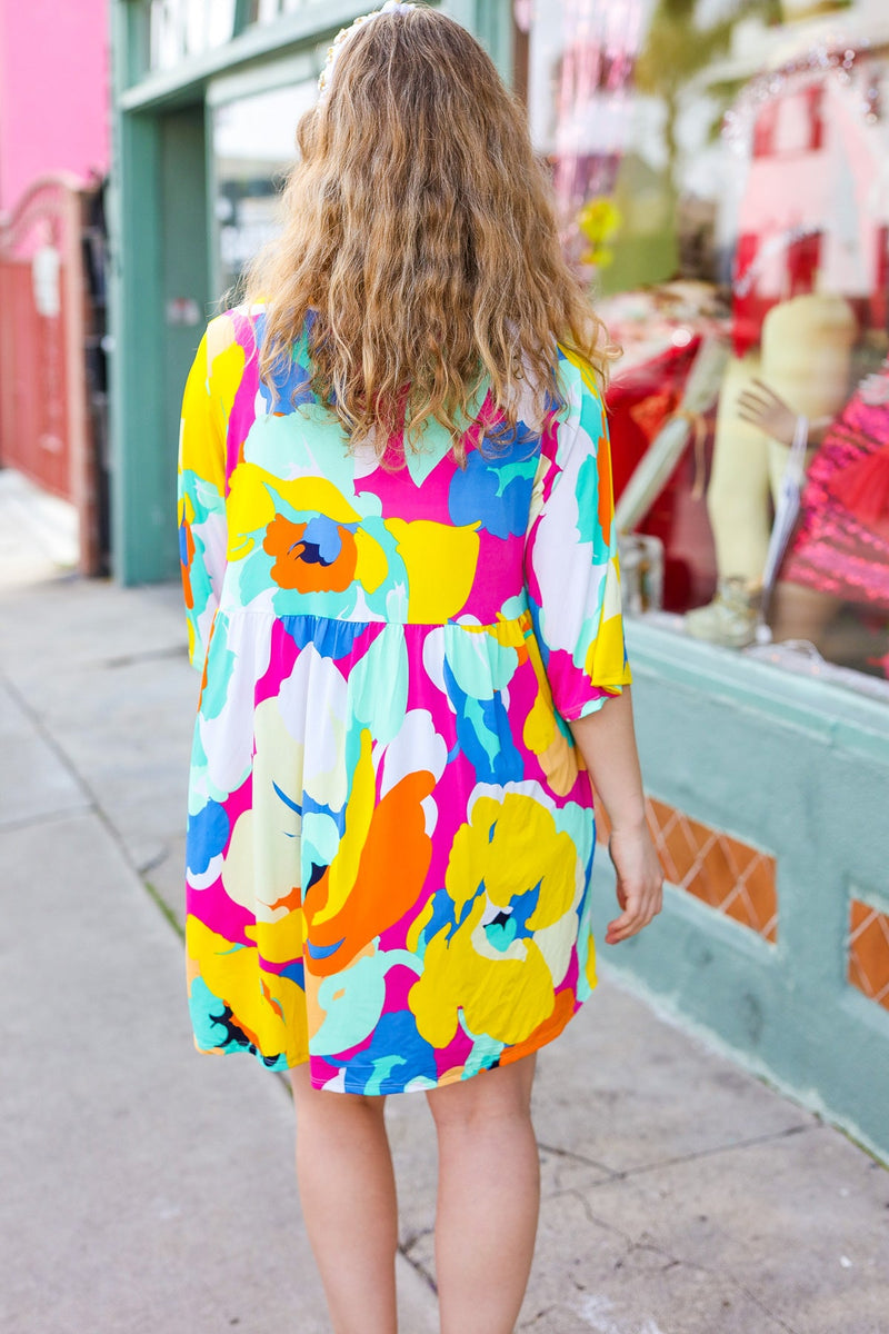 Bright Thoughts Yellow Floral Print V Neck Babydoll Dress