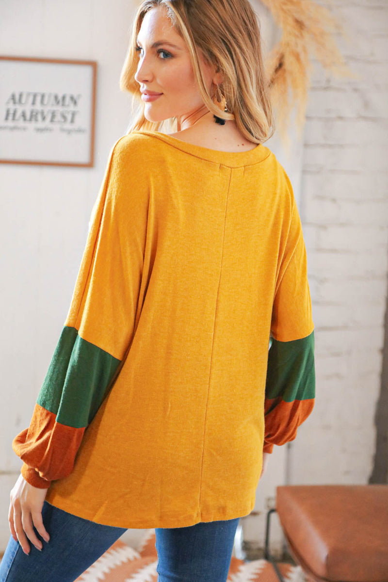 Mustard & Green Color Block Hacci Knit Top