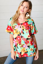 Multicolor Tropical Floral V Neck Drop Shoulder Top