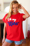 Oh My Stars Red Embroidered French Terry Dolman Top