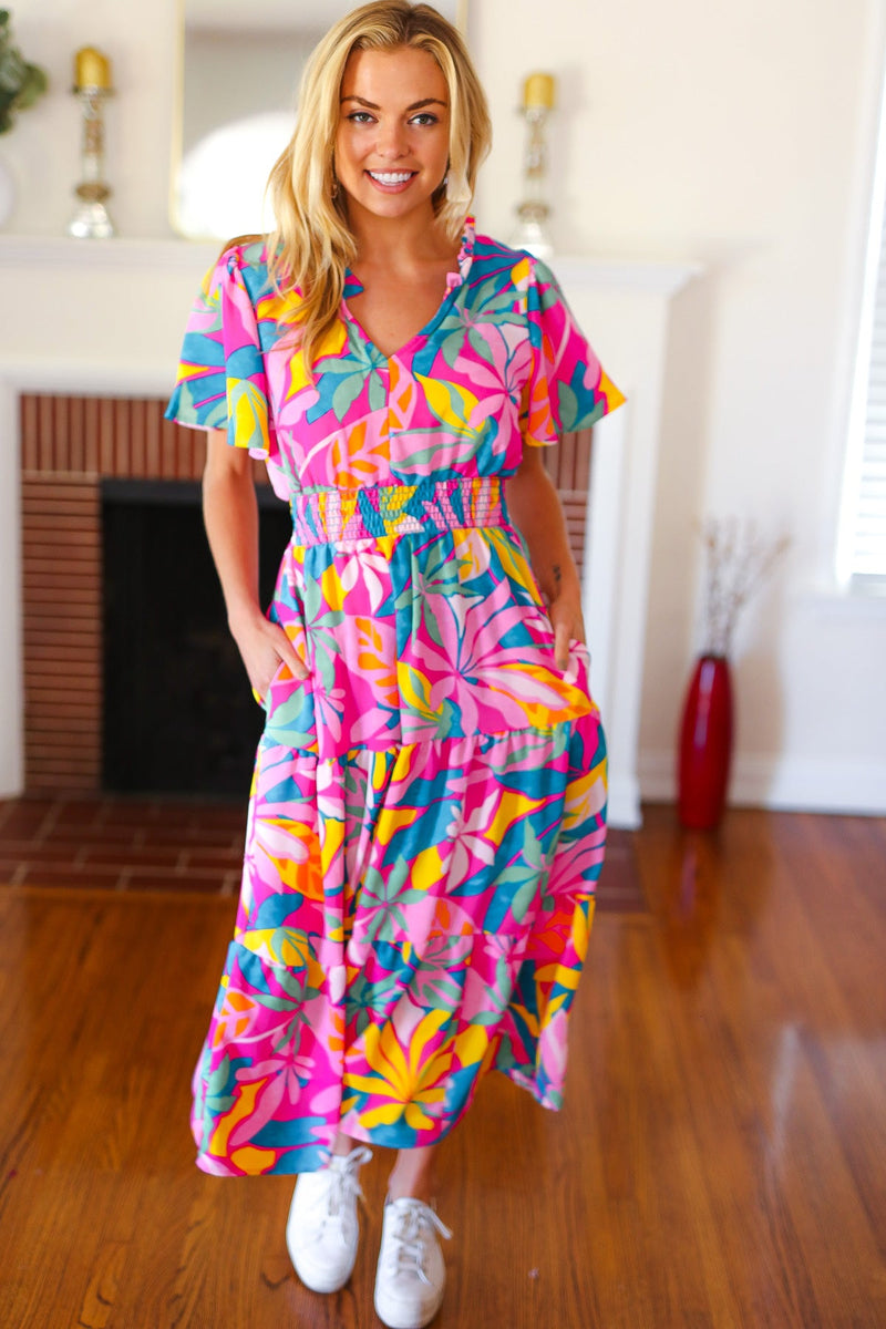 Tropical Trance Fuchsia Floral Smocked Waist Maxi Dress