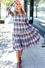 Feeling Joyful Taupe Plaid Notched Neck Tiered Dress