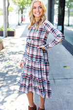 Feeling Joyful Taupe Plaid Notched Neck Tiered Dress