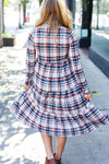 Feeling Joyful Taupe Plaid Notched Neck Tiered Dress