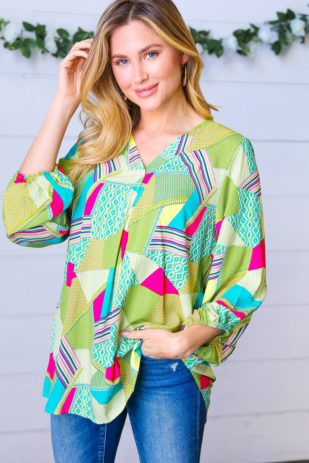 Key Lime Geometric Color Block Top