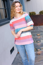 Look Out Teal & Rose Striped Hacci Knit Puff Sleeve Top