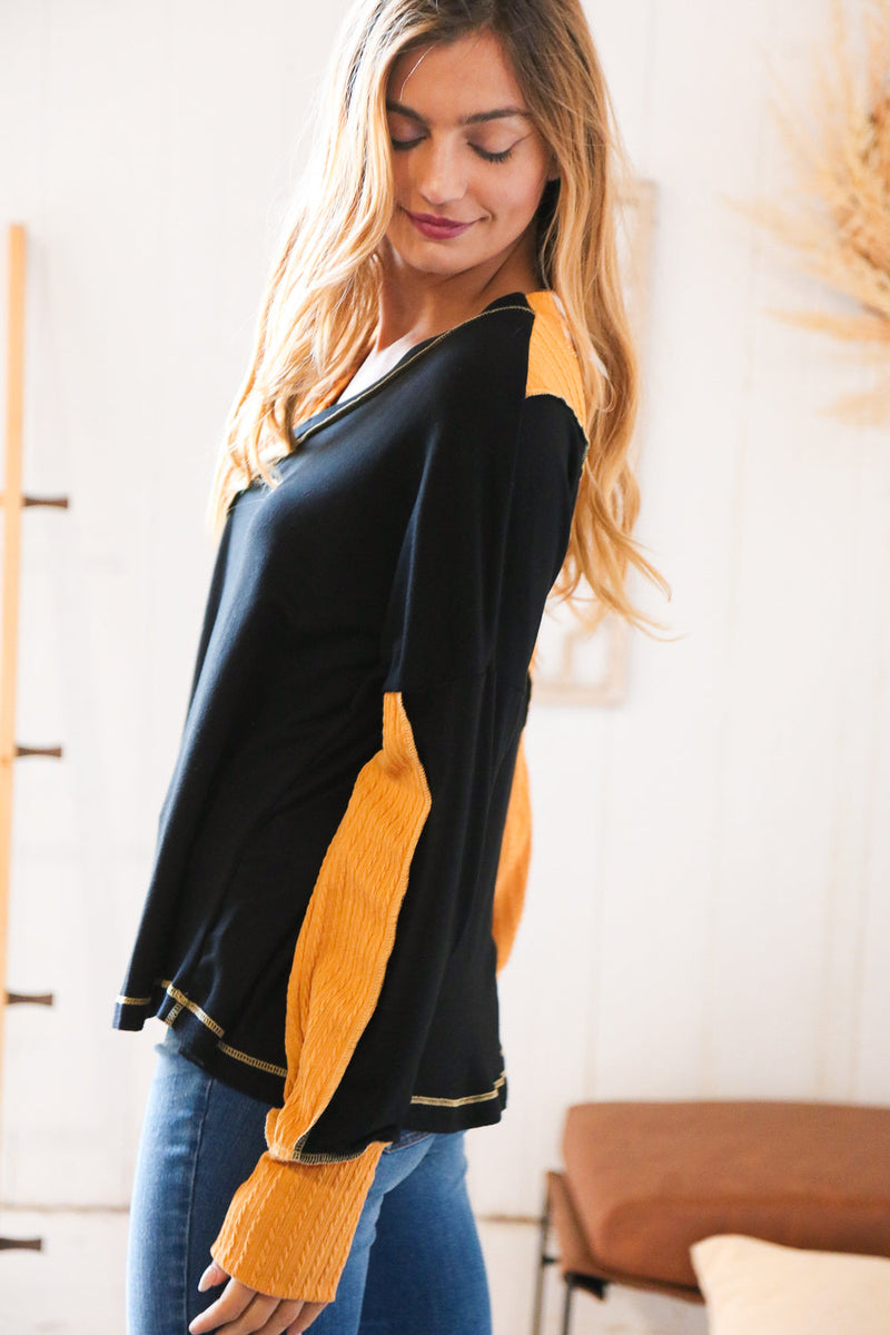 Mustard Cable Knit Outseam V Neck Thumbhole Sweater