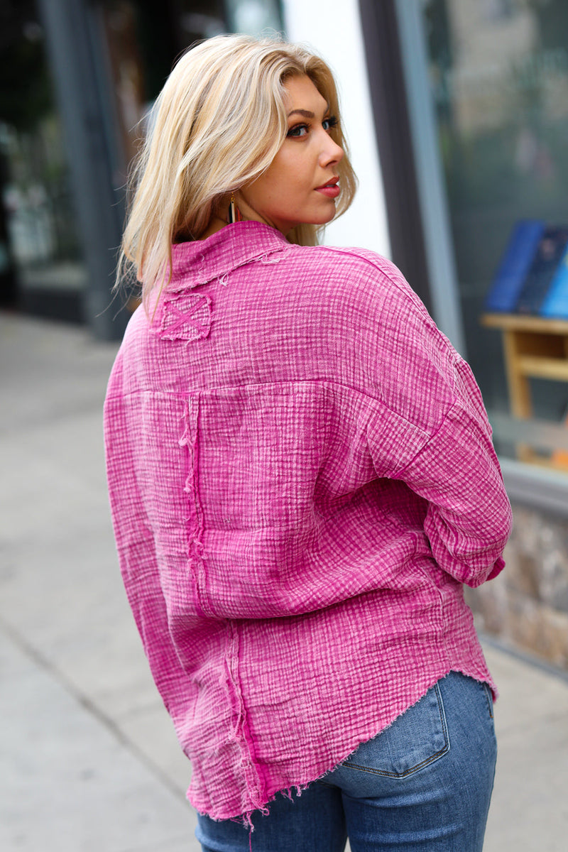 Magenta Washed Cotton Gauze Button Down Shirt