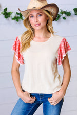 Coral & Sand Floral Short Flutter Sleeve Top