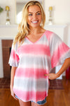 Pink & Grey Tie Dye Stripe Terry V Neck Top