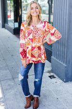 Rust & Magenta Patchwork Print Front Tie Boho Top