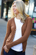 Camel Snap Button Rib Detail Cardigan