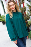 Be Merry Hunter Green Frill Mock Neck Crinkle Top