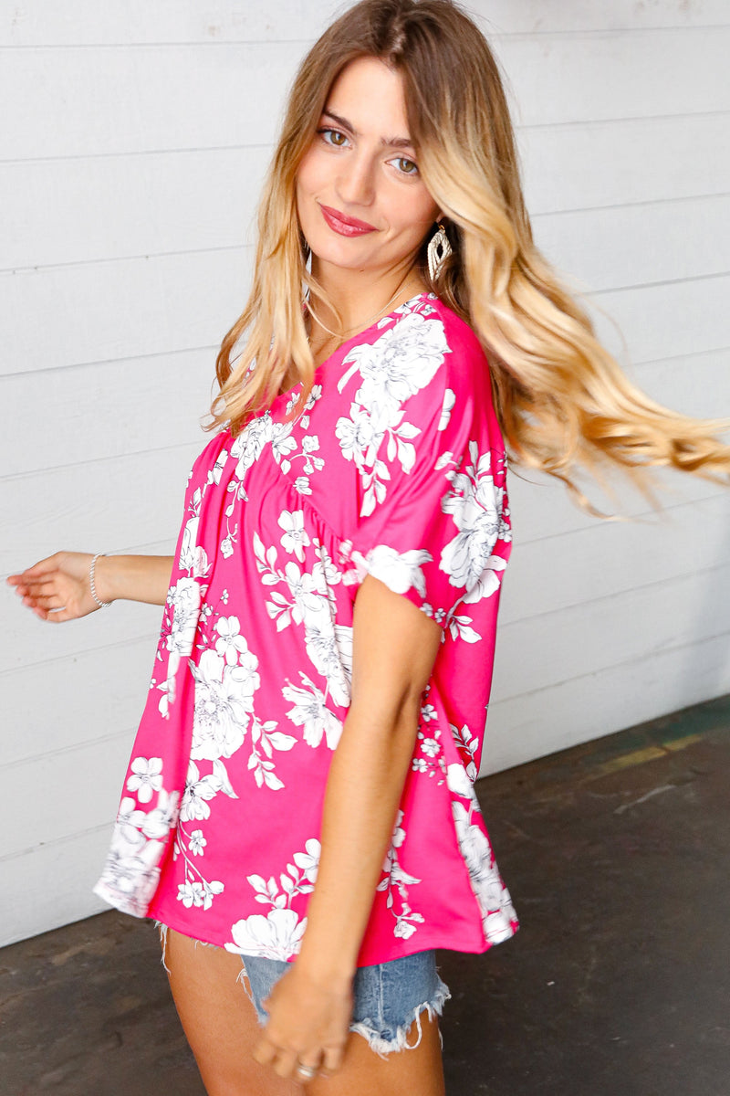 Fuchsia Floral V Neck Dolman Top