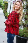 Adorable in Red Gingham Shirred Mock Neck Top