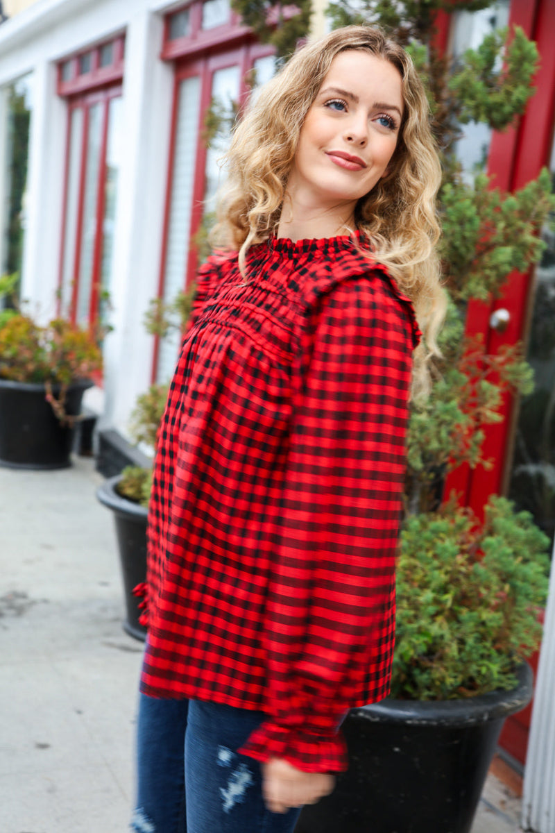 Adorable in Red Gingham Shirred Mock Neck Top