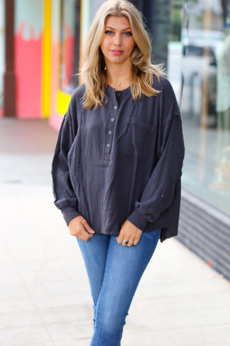 The Slouchy Ash Grey Gauze & Waffle Henley Top