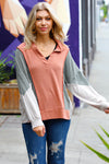 Rust & Olive Collared Terry Color Block Top