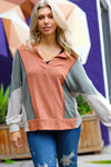 Rust & Olive Collared Terry Color Block Top