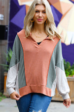 Rust & Olive Collared Terry Color Block Top