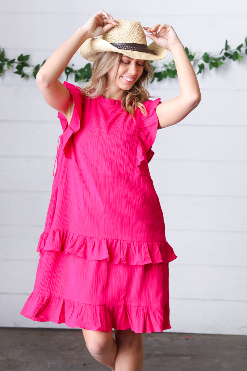 French Rose Tiered Ruffle Crinkle Dress